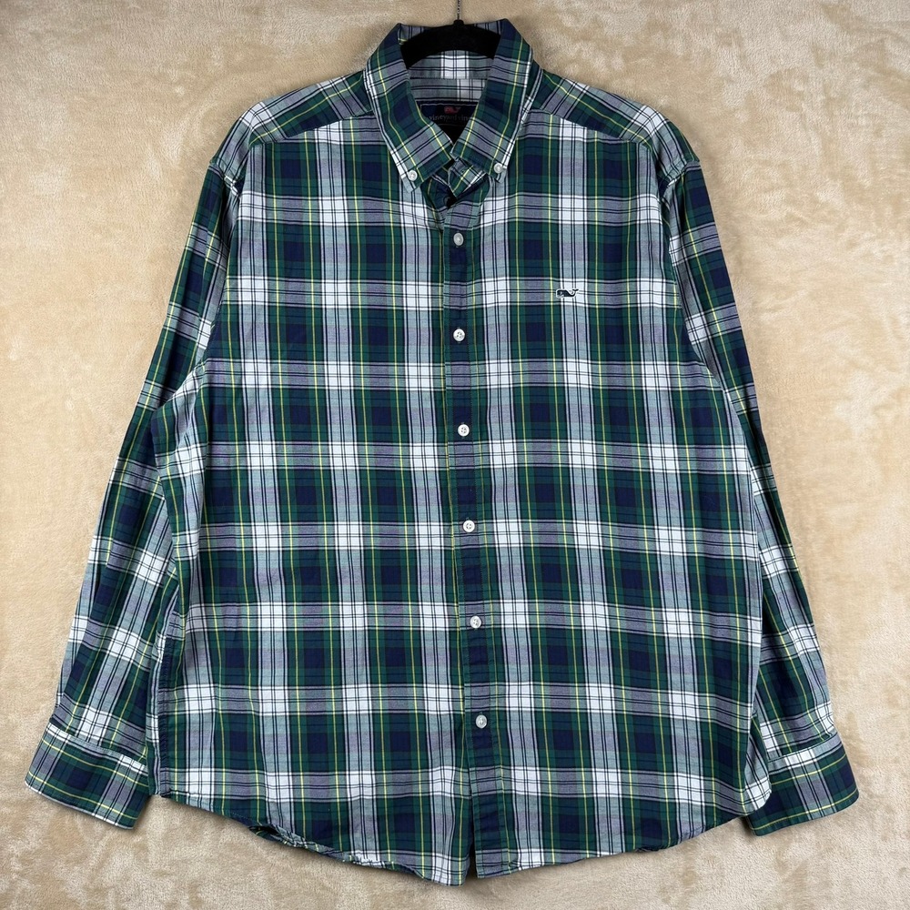 Vineyard Vines Whale Shirt Mens XL Green Navy Blue Plaid Cotton Button Down